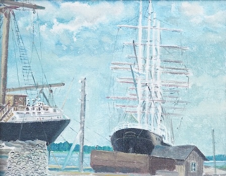 Henry James Neave (1911-1971), ‘Sailing ships Nystaad’, unsigned, inscribed verso, oil on canvas board, 19 x 24cm